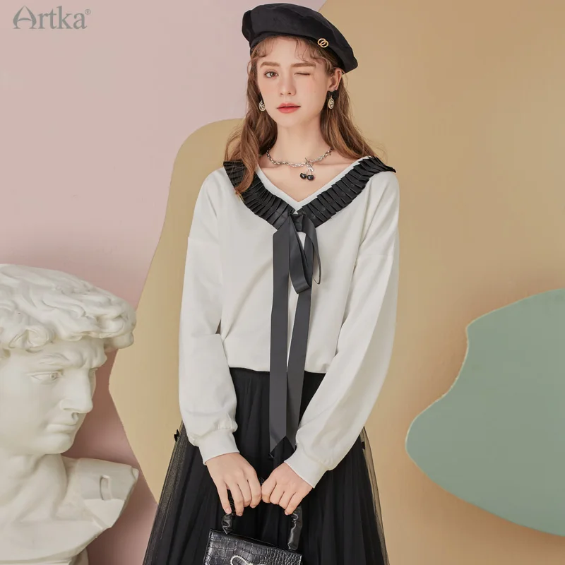 ARTKA 2022 Spring New Pure Cotton Fashion Bow Ribbon V-Neck Sweatshirt Loose Casual Long Sleeve White Sweatshirt Women VA20015Q