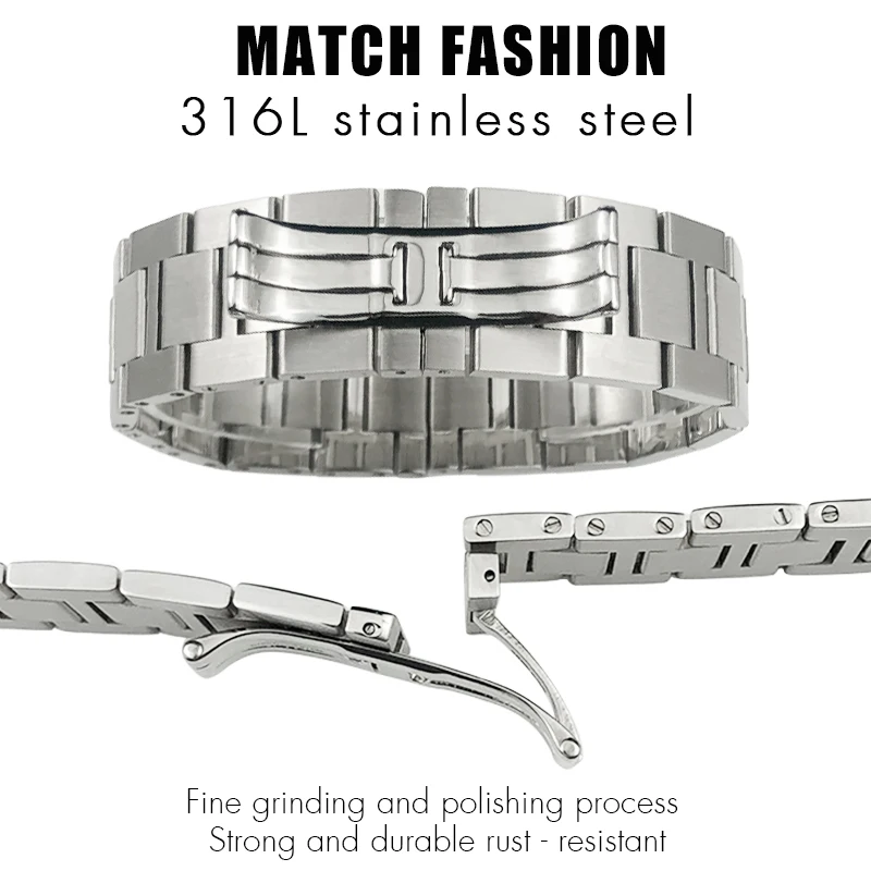 High Quality 20mm Solid Stainless Steel Watchband for Tank Santos Silver Bracelets 17.5mm 19mm 21mm 23.5mm Metal Watch Strap