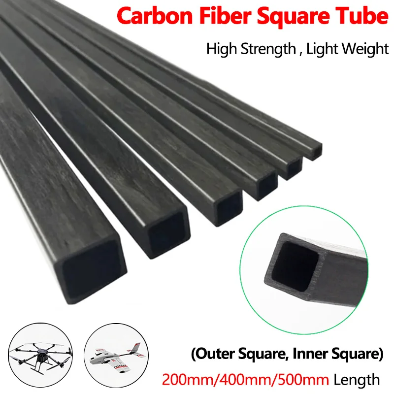 Carbon Fiber Tube Outer Square Inner Square Pipe Tubing Pultruded for RC Model Airplane Drone & DIY Crafts 200/400/500mm Length