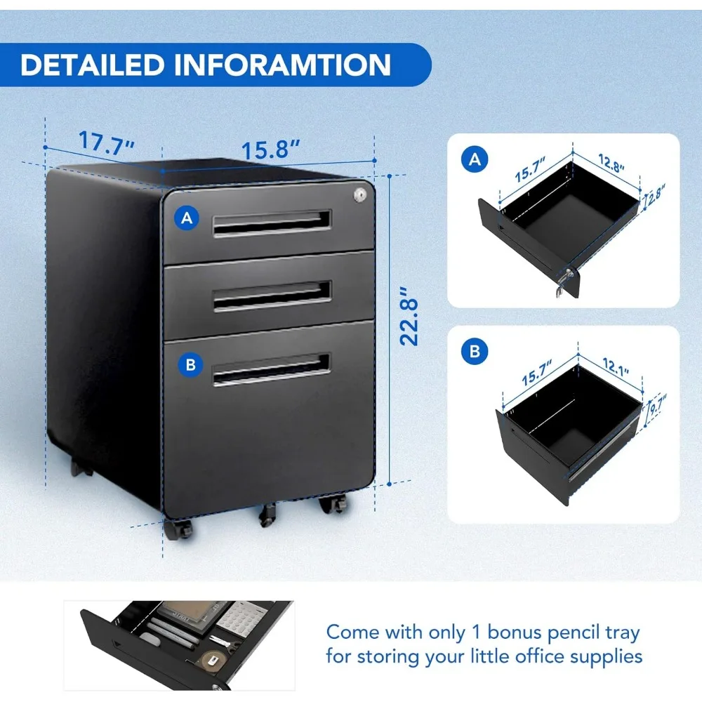 홈 오피스용 모바일 파일 캐비닛, 금속 파일링 캐비닛, 책상 아래 보관함, 잠금 키, 라운드 코너 디자인, 블랙, 3 서랍