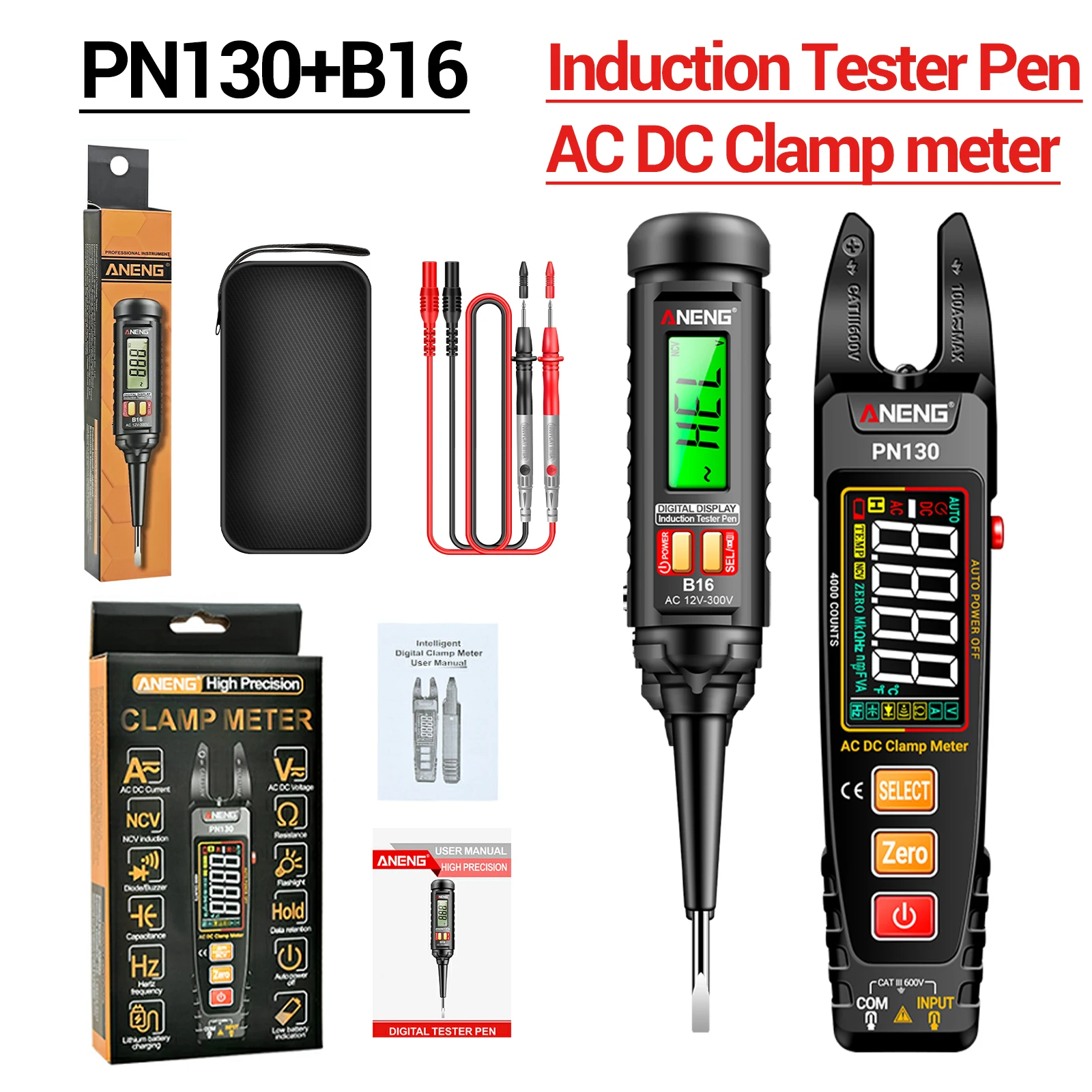 

ANENG PN130 clamp meter+B16 induction measuring pen 2-in-1 automatic range NCV non-contact detection electrician maintenance kit