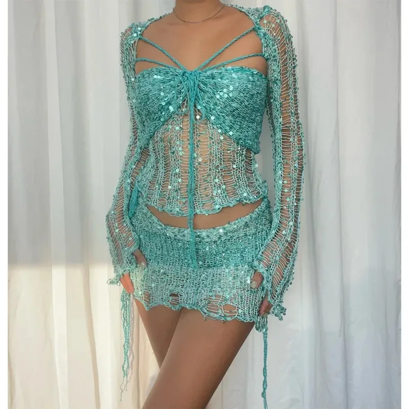 Sexy Sequined Knitted Sweater Skirt Sets 3 Piece Women Outfit Flare Long Sleeve See Through Hollow Crop Top Mini Skirt Beach Set