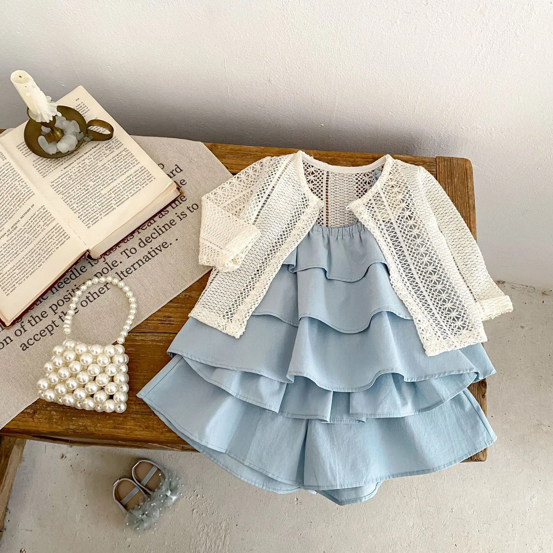 Completo estivo per bambina blu, abbigliamento per neonati, abbigliamento casual a strati per bambini, canotta e pantaloni con fionda, set da due pezzi