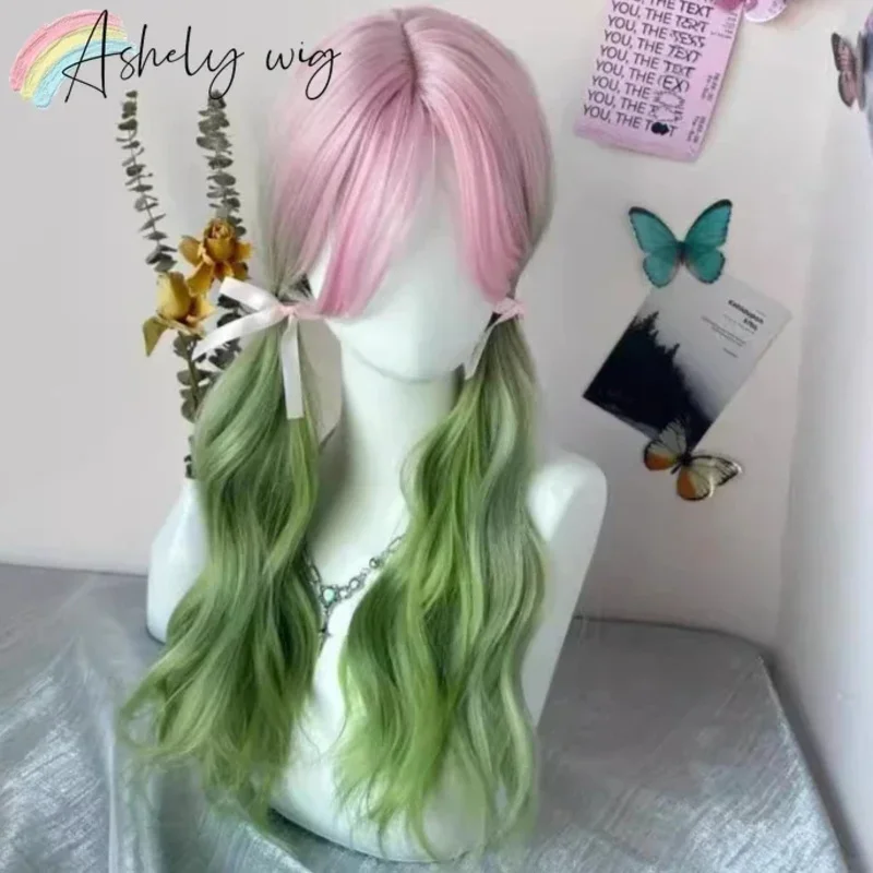 أومبير الوردي الأخضر شعر مستعار للنساء مانا معبد كانروجي ميتسوري كوس شاولومي الوردي الأخضر طويل مجعد شعر مستعار الإناث رئيس الباروكات