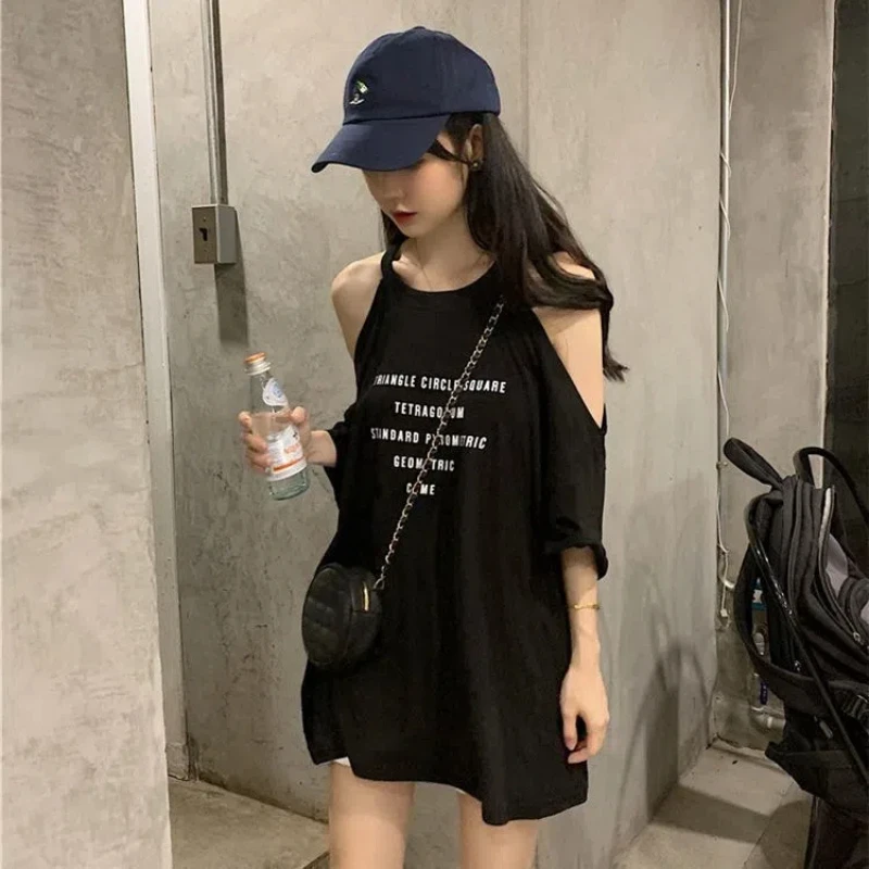 Harajuku Loose Off Shoulder T Shirts Summer New Short Sleeve Letter Printing Hollow Out Casual Tops Fashion Y2K Women Clothing