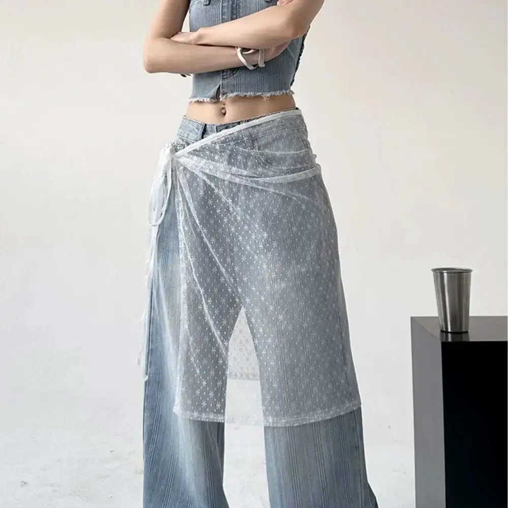 

Spring New Ins Blogger Lace Layered Gauze Skirt with Tie up Women's Faion Skirts Autumn 2024 Ladies Premium Denim