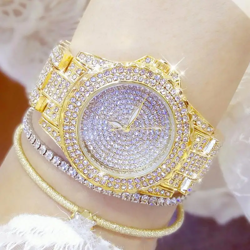 Luxury Brand Bling Rhinestone Wrist Watch Full Diamond Watches Gold Women Crystal Ladies Stainless Steel Clock Relogio Feminino