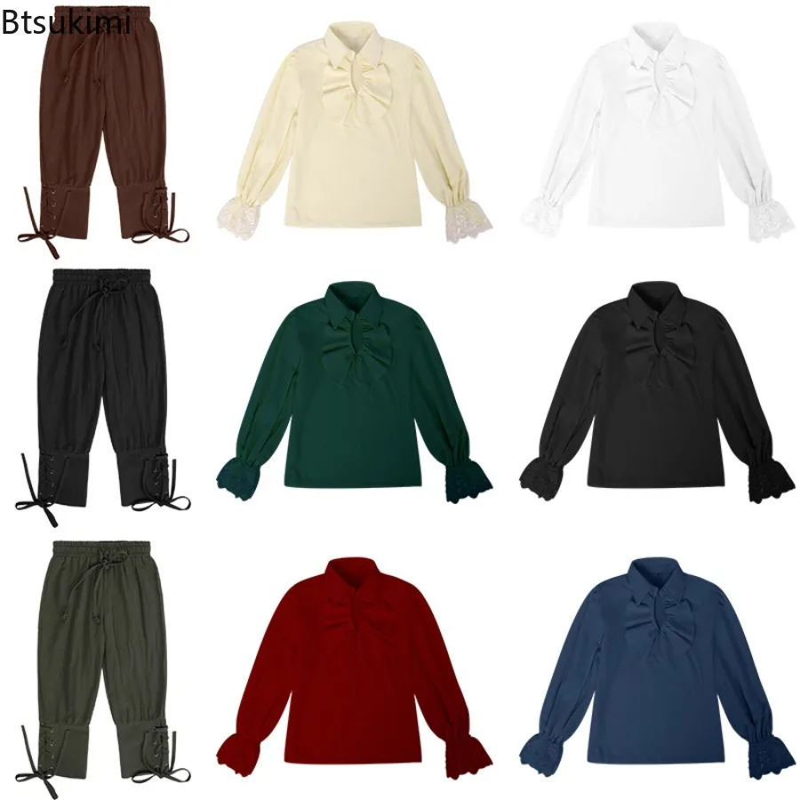 

Medieval Vintage Pirate Suit Children's Shirt Decorative Neck Lace Sleeve Long Sleeve Shirt and Cropped Pants Two-piece Set Kids