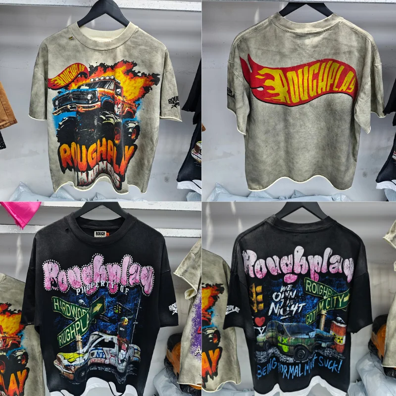 

RoughPlay Short Sleeve T-shirts Streetwear Distressed Ripped Hole Old Hot Drill Wome Men Tshirts Harajuku