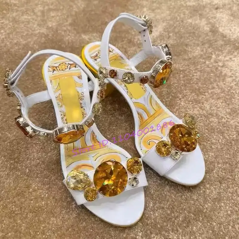 Flower Print Thick Heel Sandals Designer Luxury Gemstone Rhinestone High Heels Bohemian Yellow Buckle Strap Women Runway Shoes