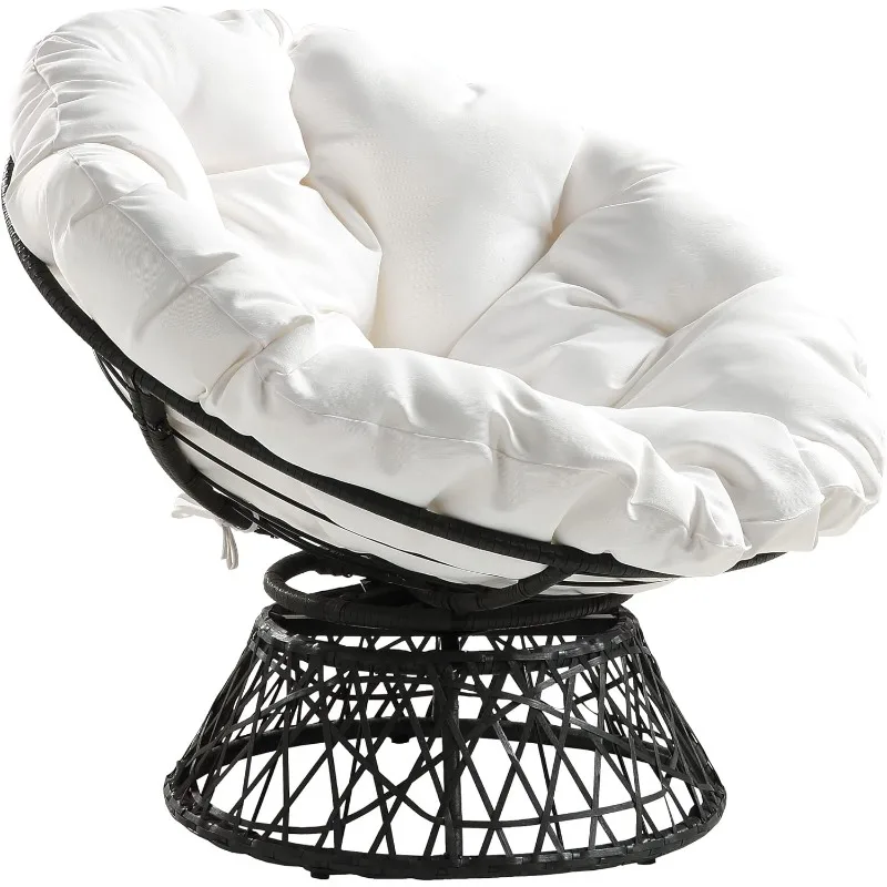 OEING Wicker Papasan Chair with 360-Degree Swivel, Grey Frame with White Cushion,Accent Chairs for Living Room