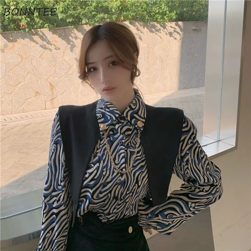 

Shirts Women Zebra-print Daily Harajuku Clothing Elegant Vintage Temperament Fashion Retro Spliced Classy Charm Lady Top