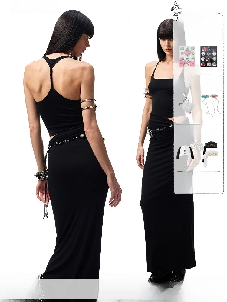 

1JINN STUDIO Women's Slim Fit Tank Top with Back Button round Neck Vest And Halter Skirt Set Fashionable Backless Design