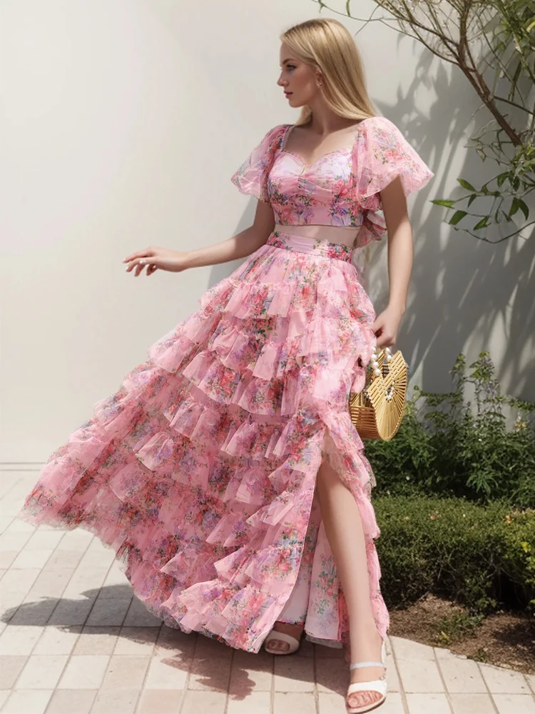 

SEQINYY Elegant Suit Summer Spring New Fashion Design Women Runway Crop Top + Spliced A-Line Skirt Ruffles Flower Print Vintage