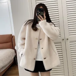 Women's Faux Fur Coat, Lamb Wool, Fur Integrated, Thickened, Warm Outwear, Loose, Round Neck, Pure Color, Casual, Winter, New