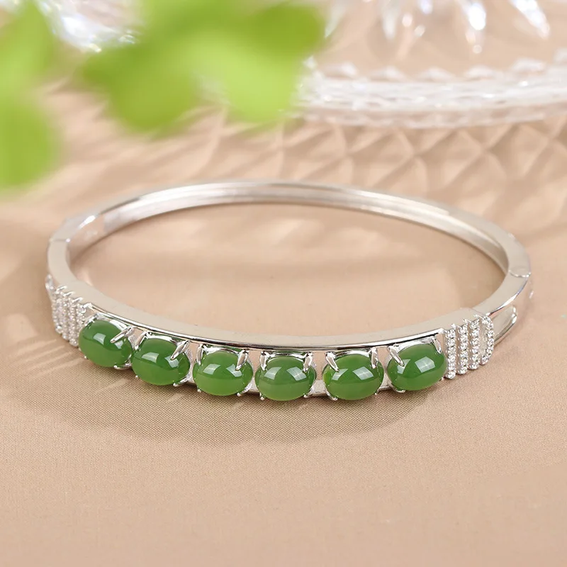 

S925 Silver Gold Plated Inlaid Hetian Jasper Open Women'S Style Bracelet