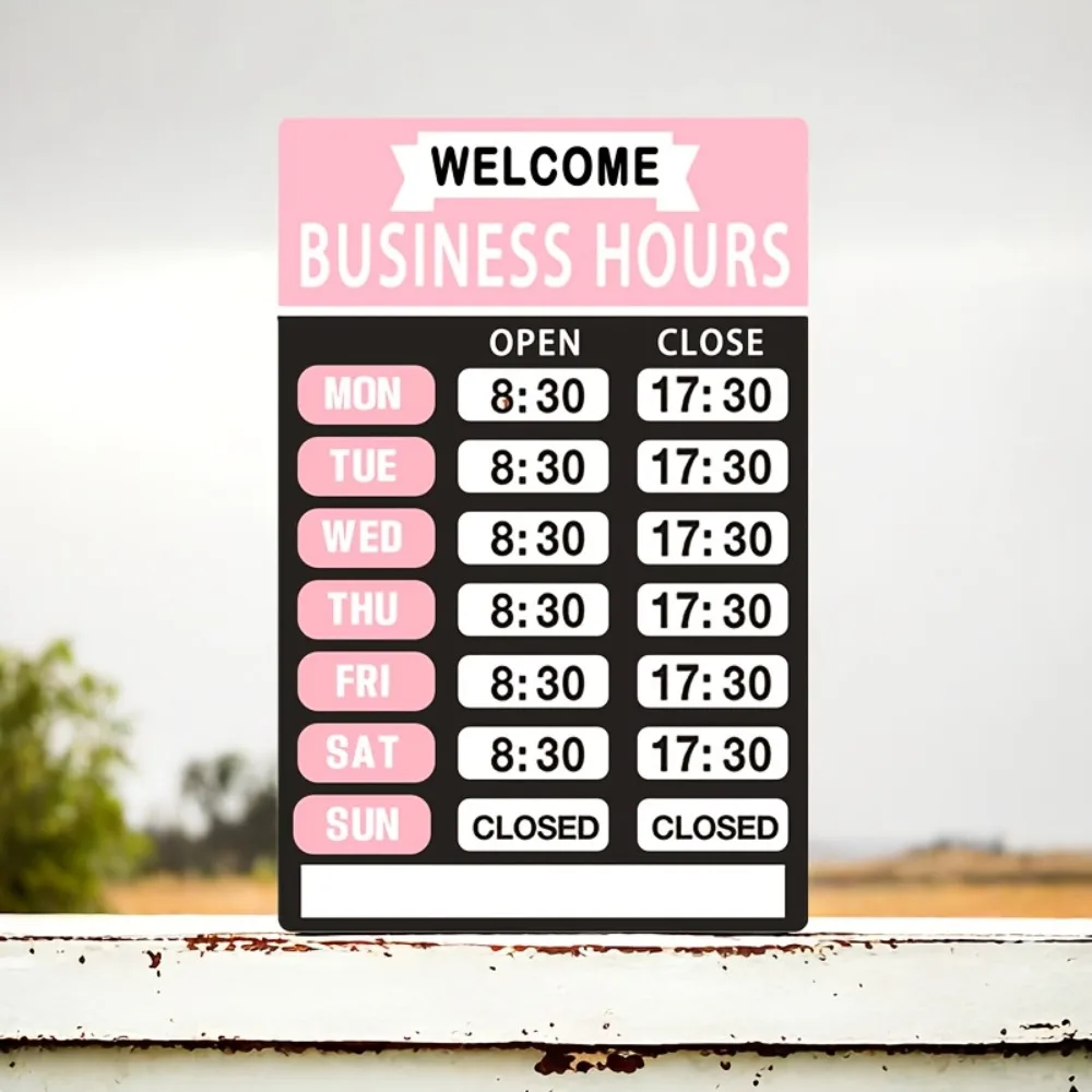 Customizable Pink Black Business Hours Metal Tin Sign Open Close Schedule Plate for Shop Cafe