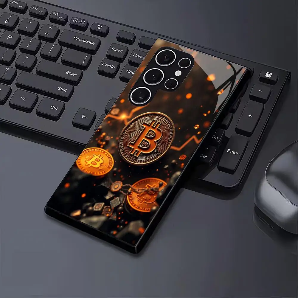 Black gold Bitcoin glass phone case suitable for Samsung Galaxy S26 S25 S24 S22 S21 S20 FE/Ultra/Plus anti drop back cover