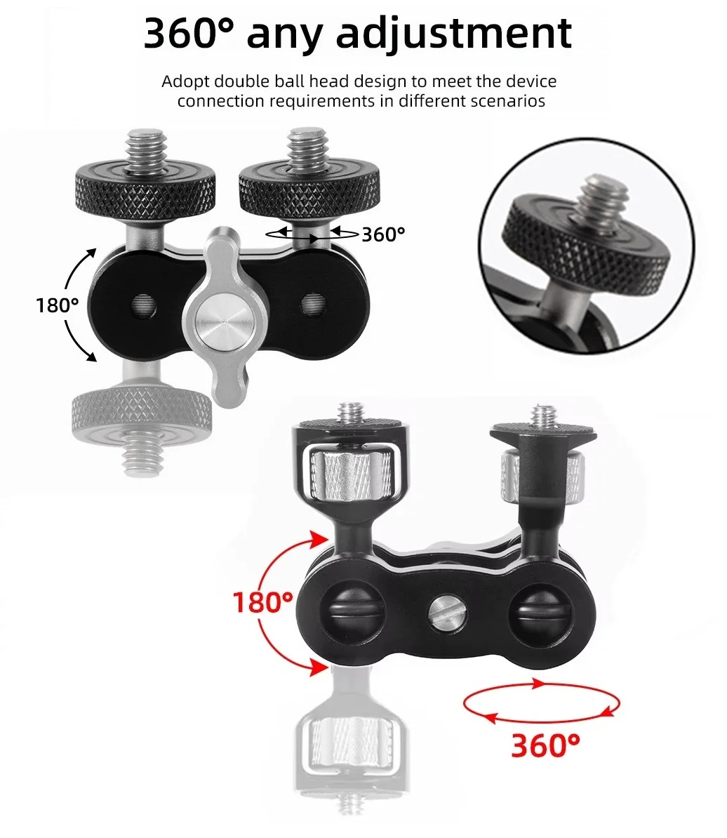 Double Ball head Magic Arm 1/4 inch Screw CNC for SLR Camera Tripod Cage Rig LED Video Light Microphone Field Monitor GoPro DJI