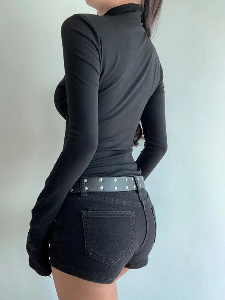 الياقة المدورة ملابس Y2k الأسود القوطية الصليب الجوف التخسيس أسفل تي شيرت للنساء كم طويل مثير تي شيرت الفتيات بلايز #5