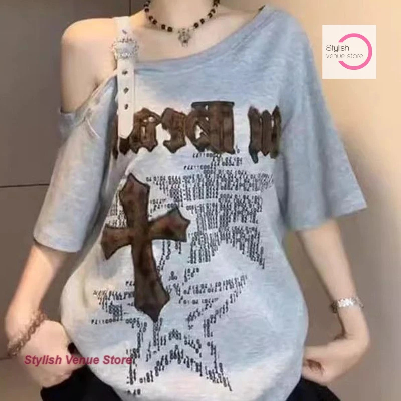 

American temperament letter pattern diagonal shoulder short sleeve T-shirt women's summer new fashion design casual top