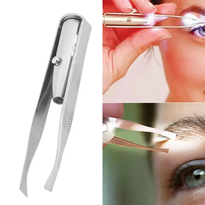 Stainless Steel Eyebrow Clip with LED Light Professional Lighted Eyebrow Tweezers Eyelash Brow Hair Removal Clamp Makeup Tools