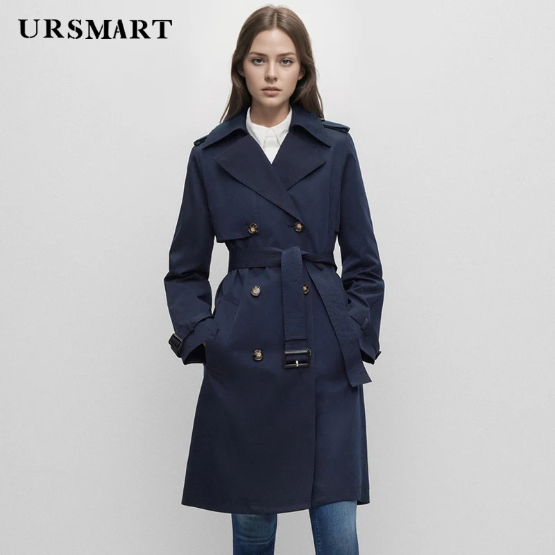 Double breasted waist cinched slim fit navy blue women's trench coat fashionable elegant custom long windproof formal Coat women