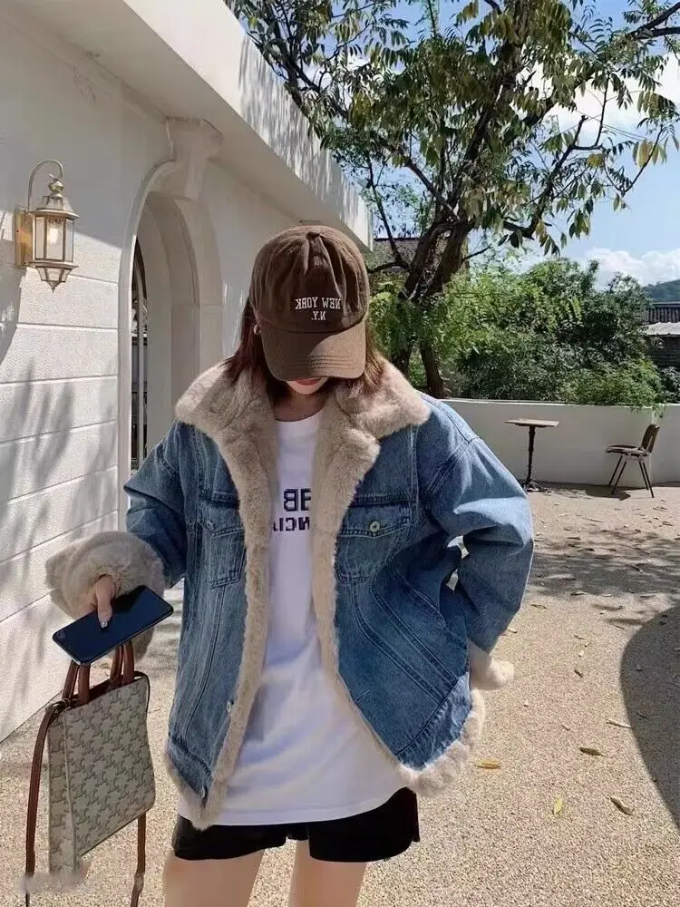 

Джинсовое пальто для женщин, темные меховые плюшевые женские осенние укороченные утягивающие двусторонние шикарные куртки на пуговицах в консервативном стиле, потертые OL