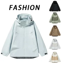 Spring Autumn Men Waterproof Hiking Jacket Women Stitching Color Hooded Windbreaker Outdoor Camping Cycling Casual Jacket