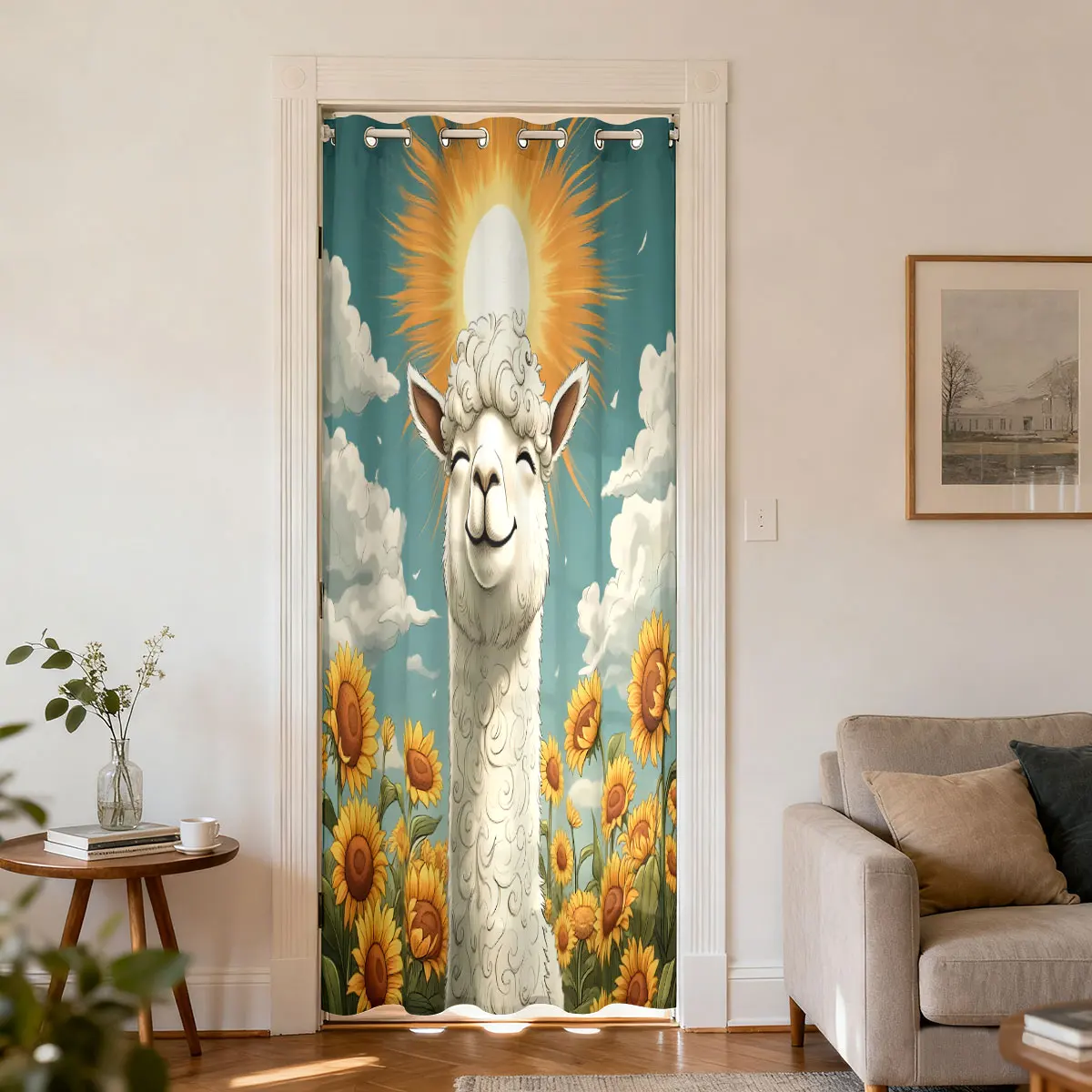 Warm Sun Alpaca Sunflower Ocean Floral Print Single Panel Loop Top Curtain 1PC, Hanging Door Curtain For Living Room Bedroom, view 2