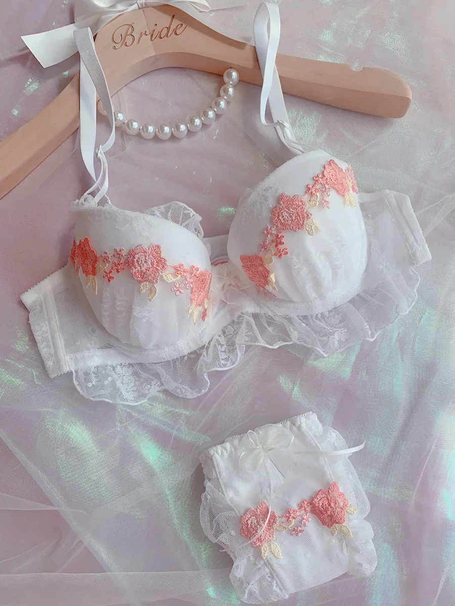 Japanese water soluble flower thin cup bra set sweet cute gathered comfortable lace underwear panties large size lingerie