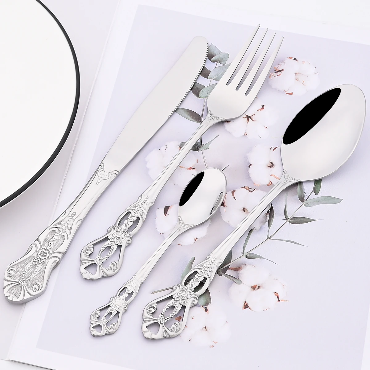 Mirror 24Pcs Vintage Dinnerware Set Stainless Steel Cutlery Set Knives Fork Teaspoon Tableware Kitchen Flatware Silverware Set