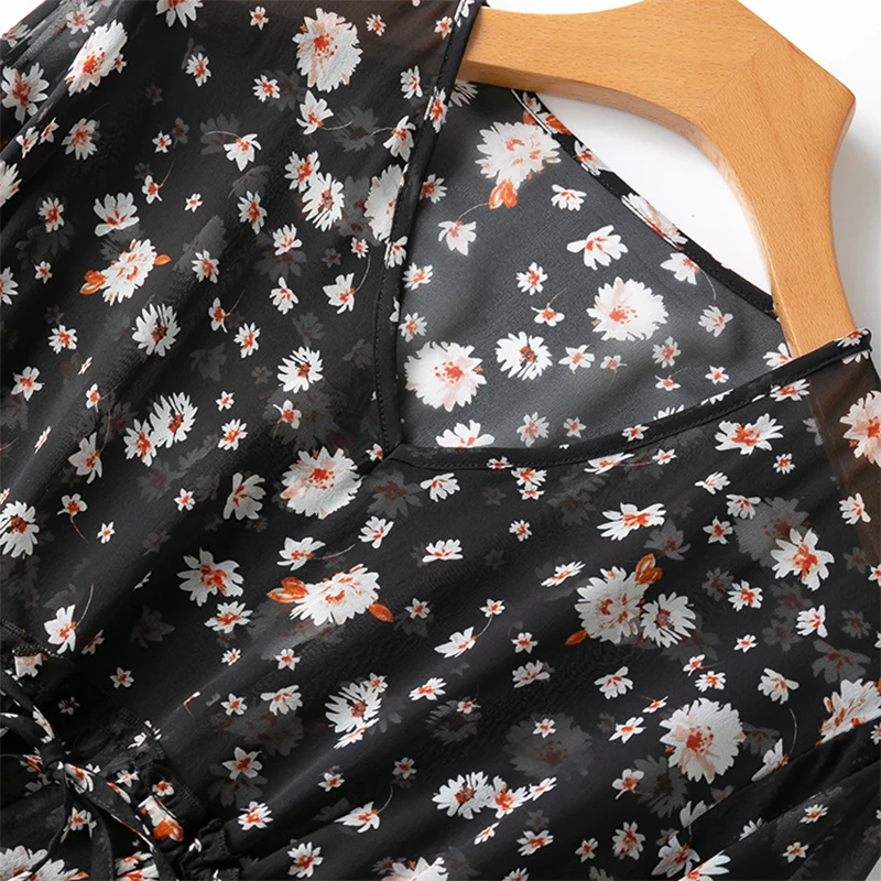 Women Midi Dress 100% Mulberry Silk Black Floral Printed Transparent V Neck 3/4 Sleeve High Waist Long Dress M1136