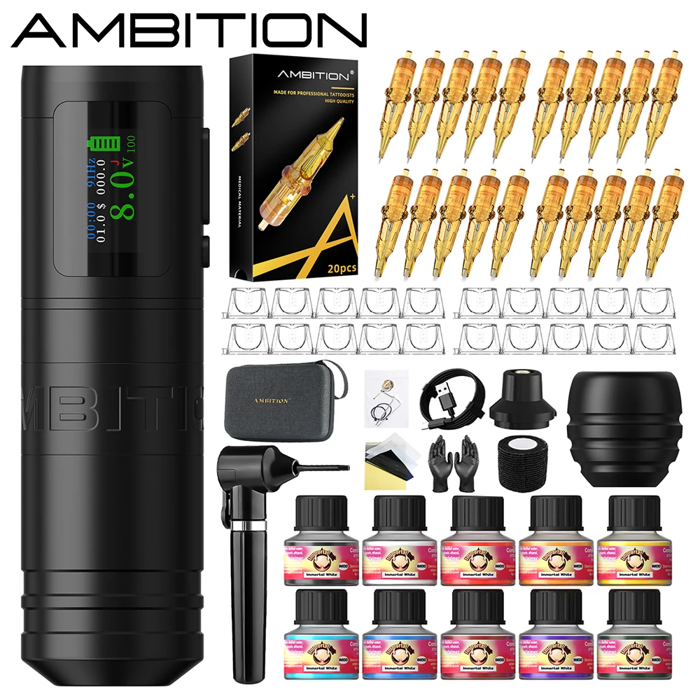 

Ambition Ninja Ultra Kit Wireless Tattoo Machine Coreless Motor Straight Rod Stroke 3.5+4.0mm Pen for Professional Tattoo Artist