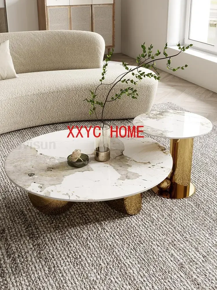 Minimalist Center Table Golden White Natural Marble Round Top Balls Base Steel Luxury Designer Coffee Table Set For Living Room