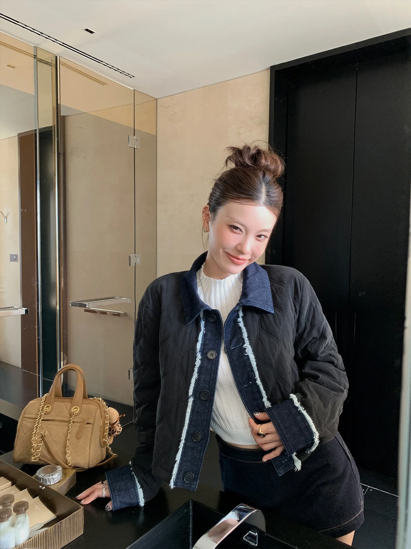 

LIONE Lila Bla Denim Lined Cotton Jaet ort Outerwear Korean Sle Straight Cut Long Sve Collar Thiened