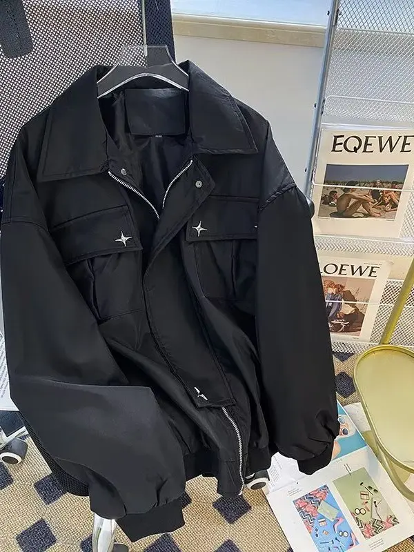 

Американская ретро однотонная рабочая одежда с лацканами, пилотная куртка, мужская весенне-осенняя свободная повседневная бейсбольная куртка, полиэфирная ткань, ветрозащитная