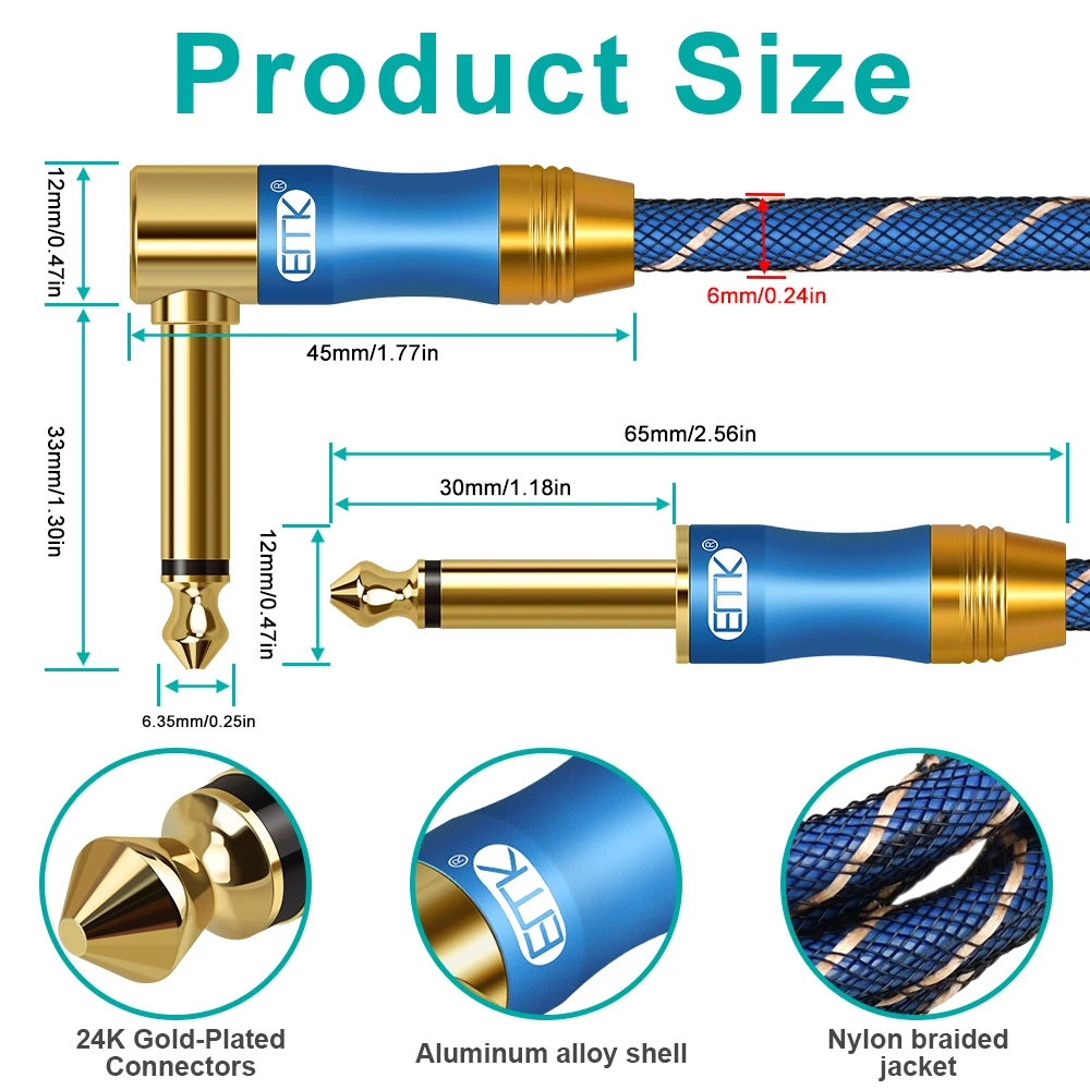 EMK kabel gitary elektrycznej Mono1/4 TS kabel przyrządowy złoty wtyczka powlekana kabel basowy pod kątem prostym do 6.35mm dla klawiatury, głośnika