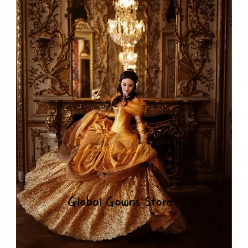 Gold  Princess Evening Dress Luxury Strapless Satin Pleated Embroidered Appliqued Opera Halloween Customised Party