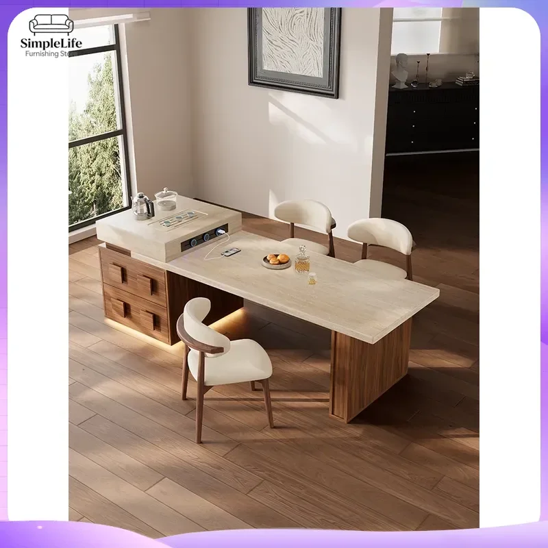 Luxury Travertine Dining Table Extendable Solid Wood Kitchen Island High End Modern Retractable Rock Slab Furniture 2026 New