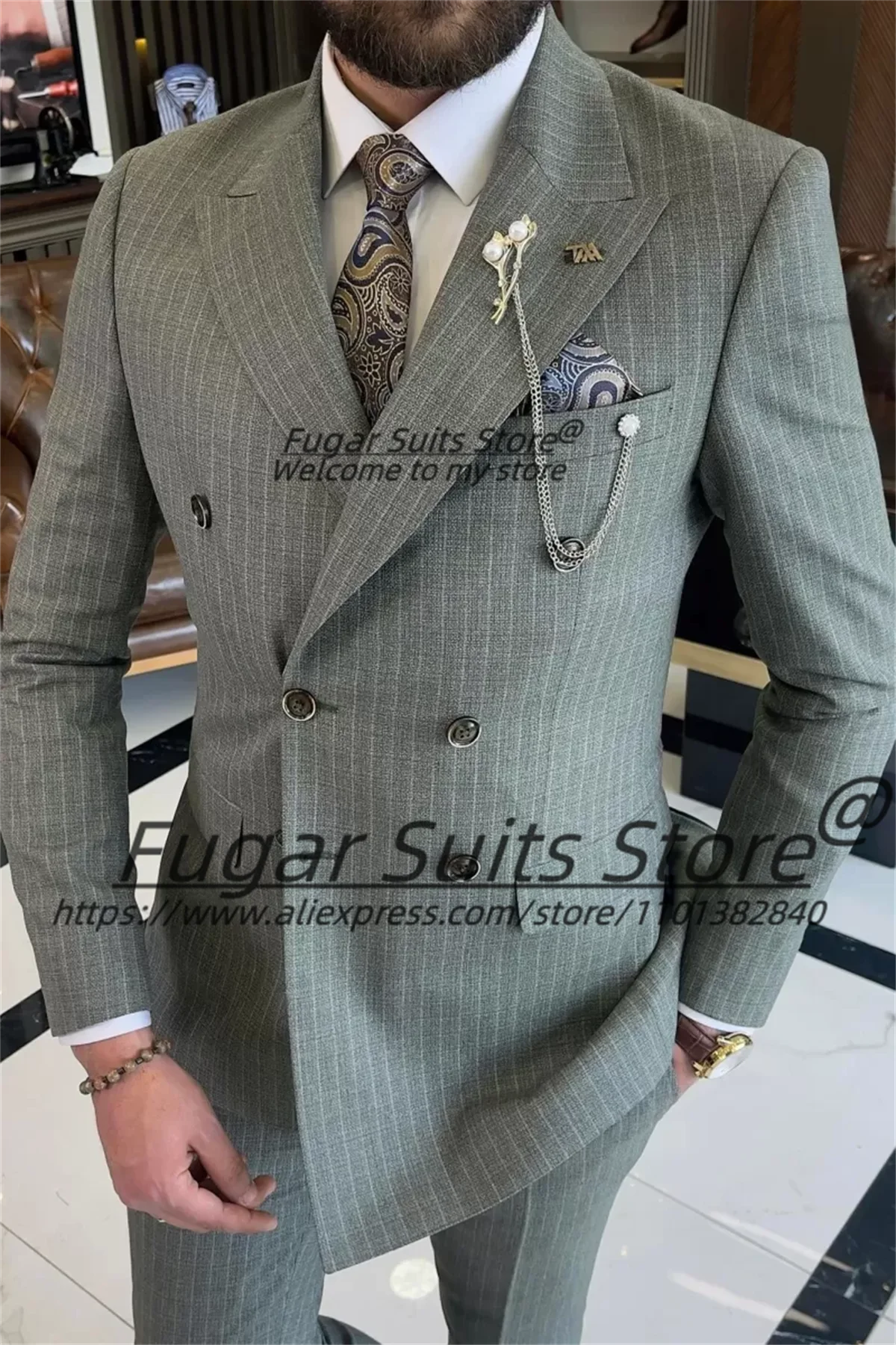

Customized Light gray Formal Suits For Men Slim Fit Double Breasted Groom Tuxedos 2 Pcs Sets Office Work Male Blazers Ropa Hombr