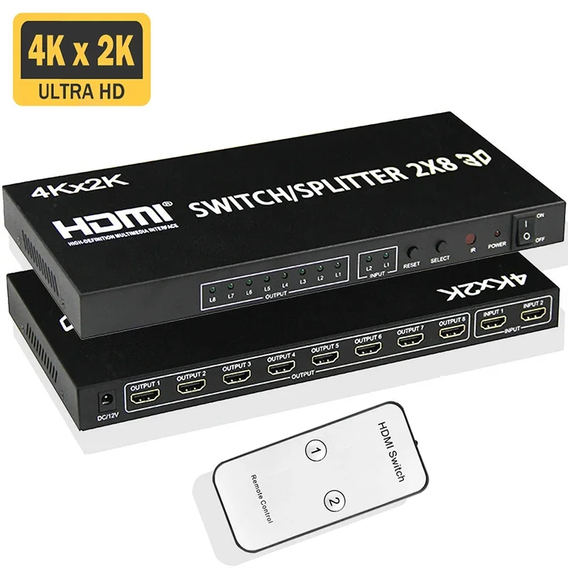 4K HDMI Switch Splitter 2X8 Full HD 4K Video HDMI Splitter 2 in 8 out Monitor Screen Display for PS4/5 Xbox DVD PC TV Projector