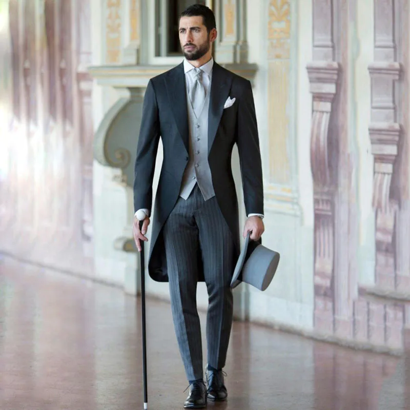 

Men Suit 3 Pieces Black With Lapel Business Casual Fit Wedding Banquet Work Tuxedos Jacket Silver Vest With Grey Striped Pants