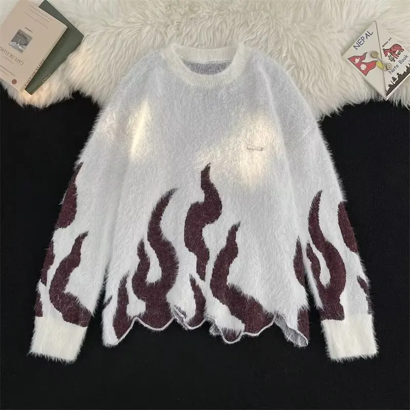 Irregular Plush Pullovers Women Baggy Warm Flame Embroidery Gentle Couples Knitted Sweaters Ulzzang Unisex Daily Autumn Winter