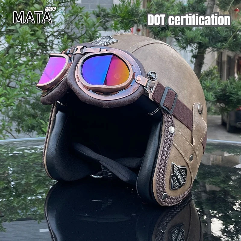 

DOT Certification Retro Motorcycle Helmet PU Leather Open 3/4 Chopper Bicycle Motorcycle Pedal Helmet Capacet