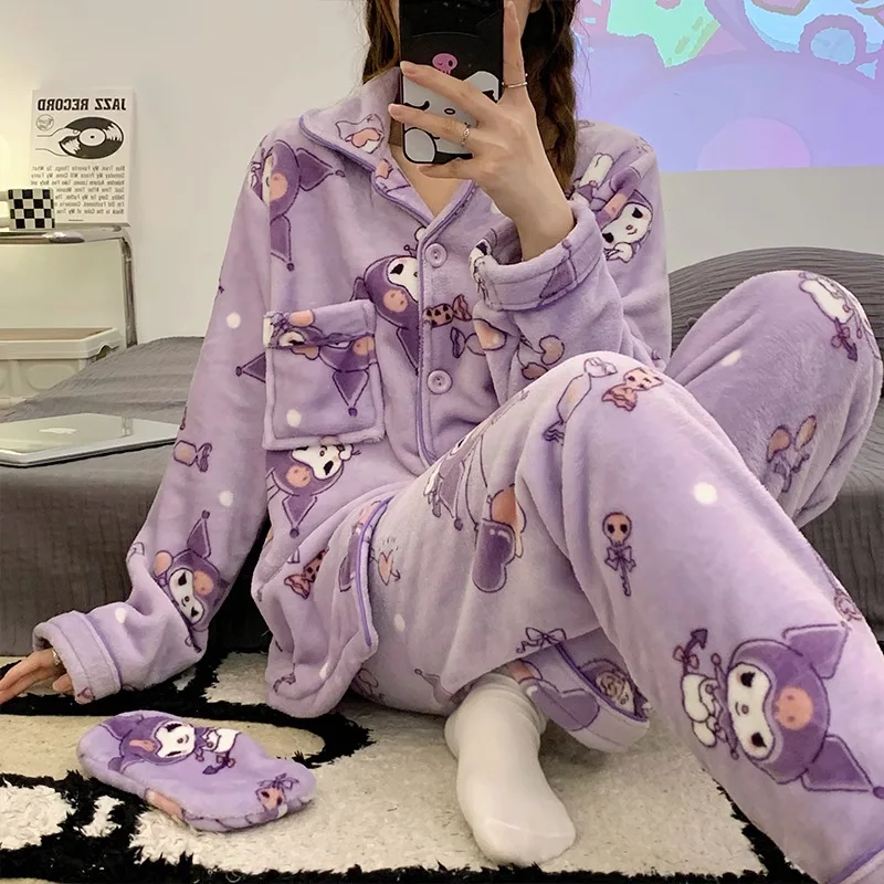Cartoon Kuromi Women\'s Flannel Pajamas Velvet Thicken Autumn Winter Cute My Melody Cinnamoroll Korean Casual Home Clothes Warmth