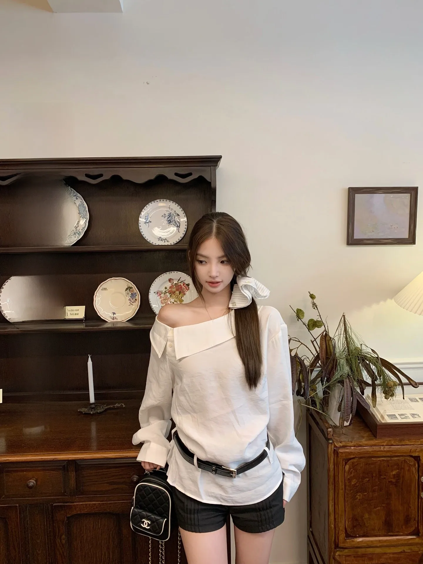 

White oulder-baring Slant Collar Long Sve Women's irt Casual Fit Cotton Blend Comfortable Breathable Long Sve irt