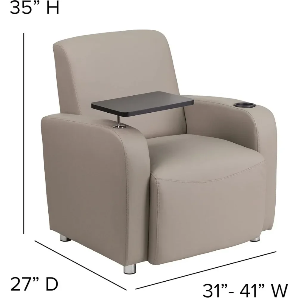 Gray LeatherSoft Tablet Arm Chair, Chrome Legs and Cup Holder