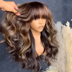 180D Highlight Body Wave Human Hair Wig With Bangs Put On And Go Ombre Blonde Peruvian Body Wavy Human Hair Wigs For Women