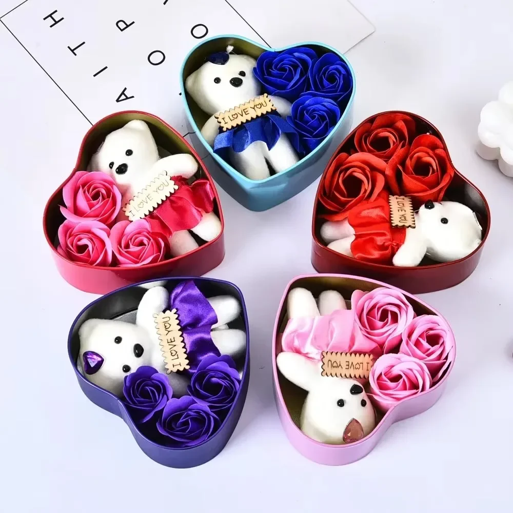 Caja de hierro en forma de corazón, flor eterna, regalo del Día de San Valentín, flor de jabón, ramo de rosas de simulación, conjunto con caja de regalo A para mi novia